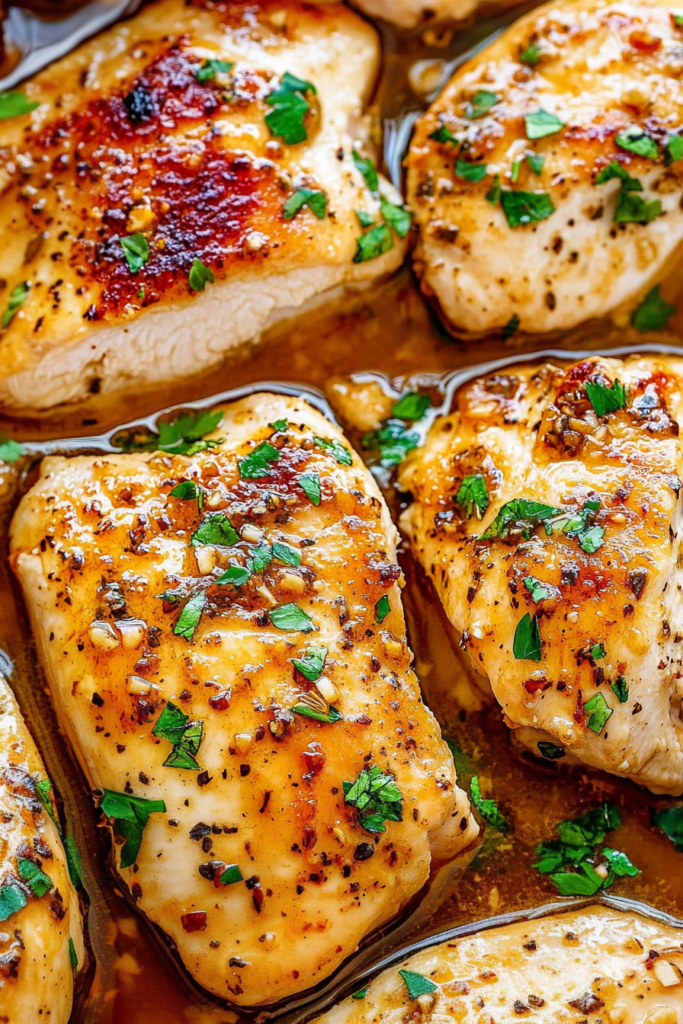 Tender chicken pieces resting in a buttery pan sauce, garnished with chopped parsley.