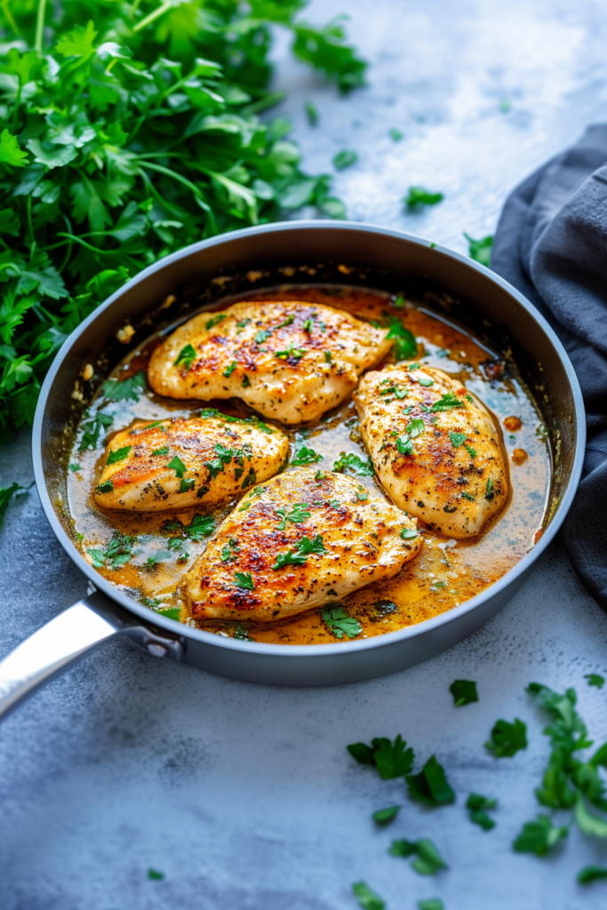 Golden chicken breasts in a glossy butter sauce, sprinkled with fresh parsley.