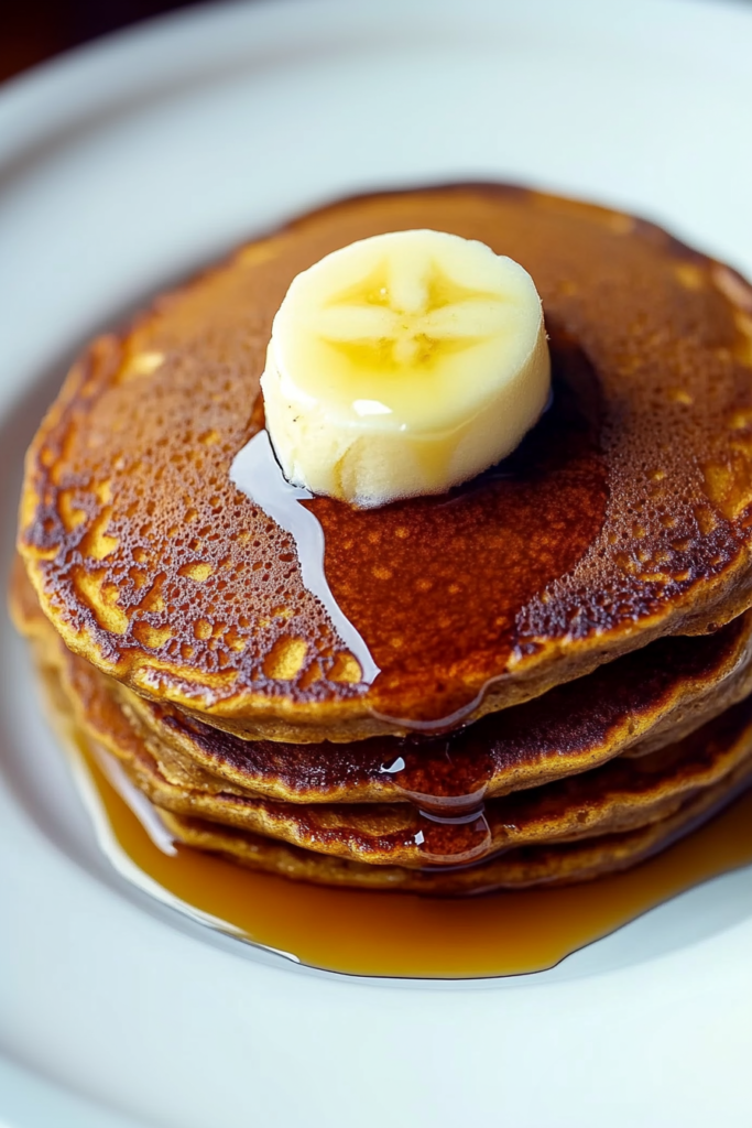 Soft spiced pancakes layered on a plate with syrup dripping down the sides.