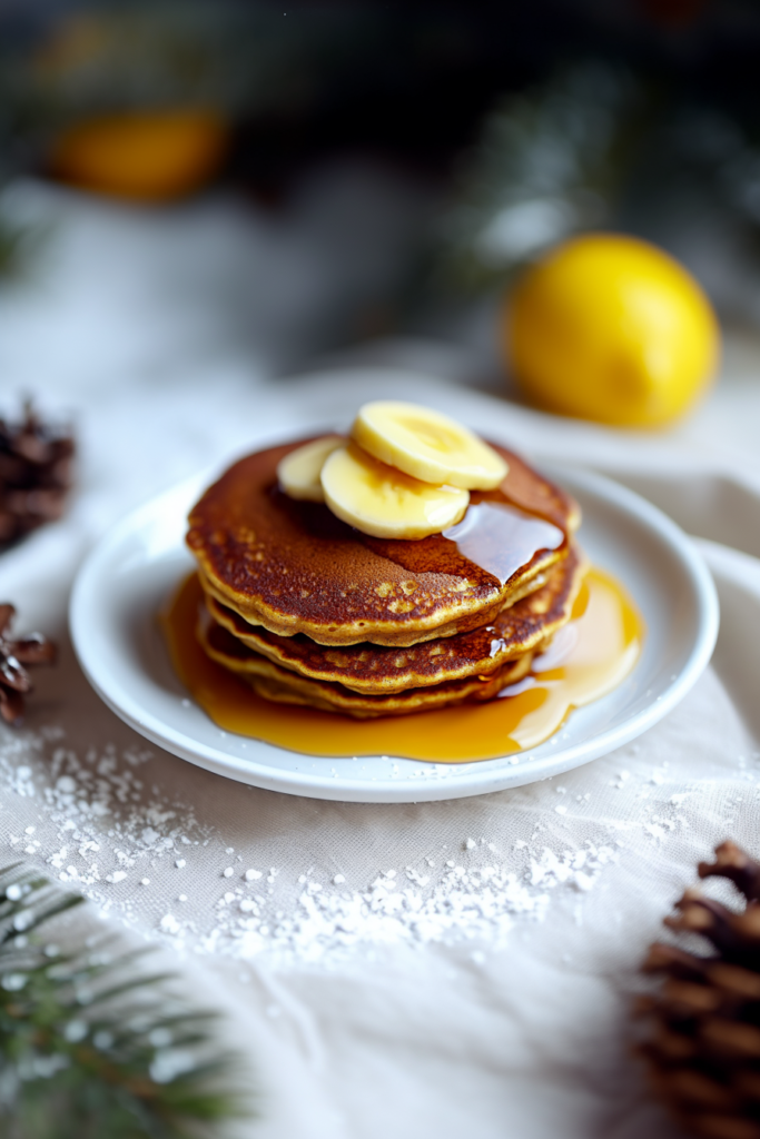 Homemade holiday pancakes with a pat of butter and sweet maple drizzle.