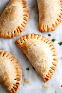 Golden brown empanadas with crimped edges, served on parchment paper.