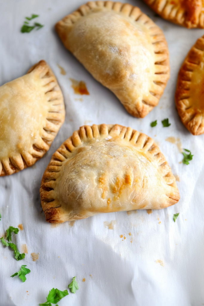 Crisp empanadas overlapping slightly, highlighting their flaky texture.