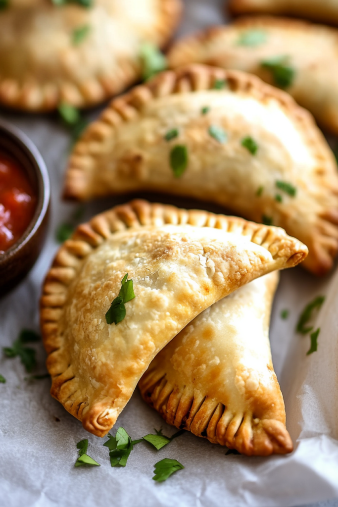 Savory pastries arranged beside a small bowl of red dipping sauce.