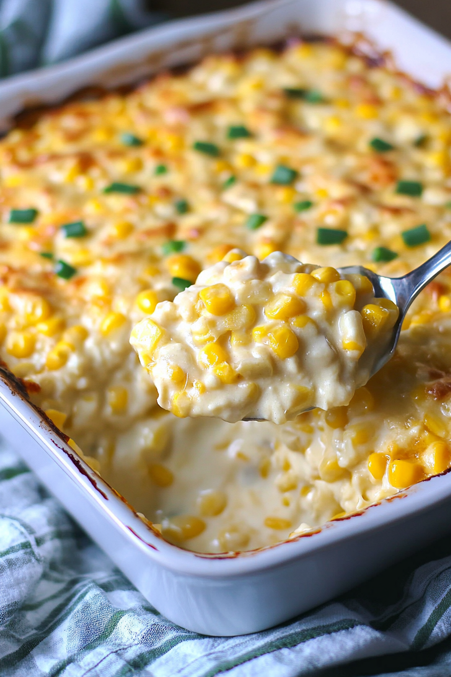 Spoonful of cheesy corn bake served from a hot casserole dish.