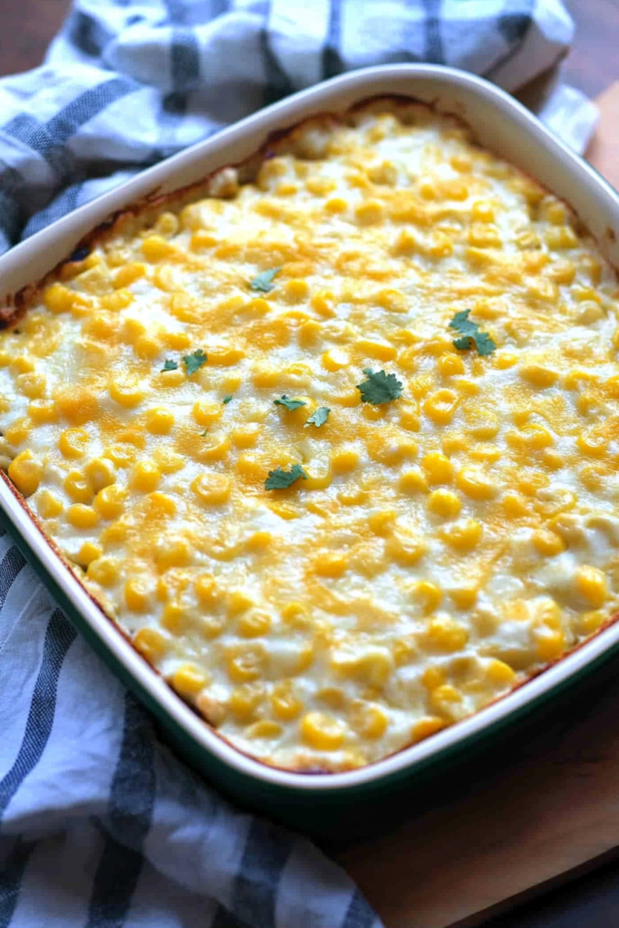 Golden baked corn dish with a creamy texture and fresh green onion garnish.