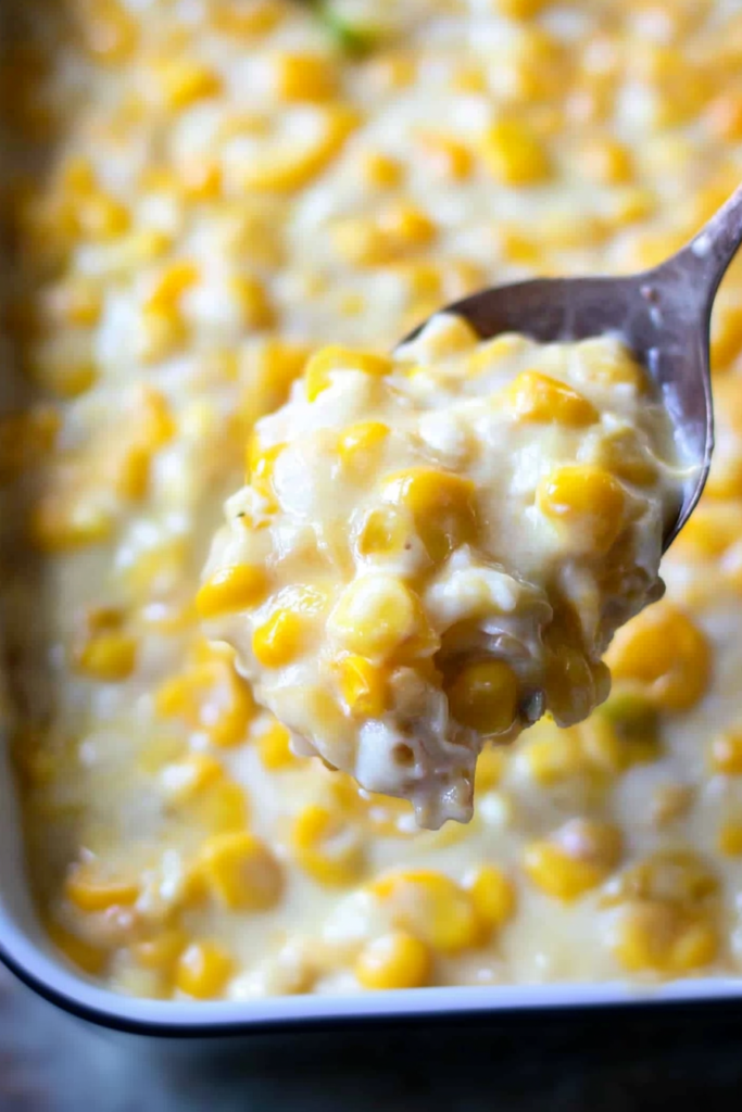 Rich and creamy corn and cheese casserole fresh from the oven.
