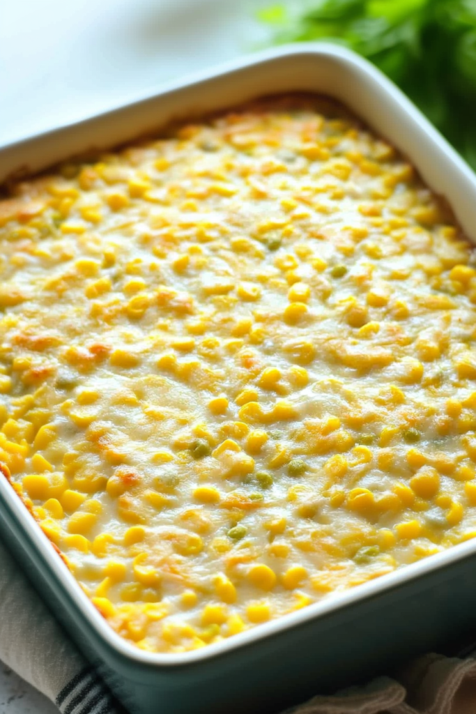 Creamy baked corn casserole with melted cheese and chopped green onions on top.