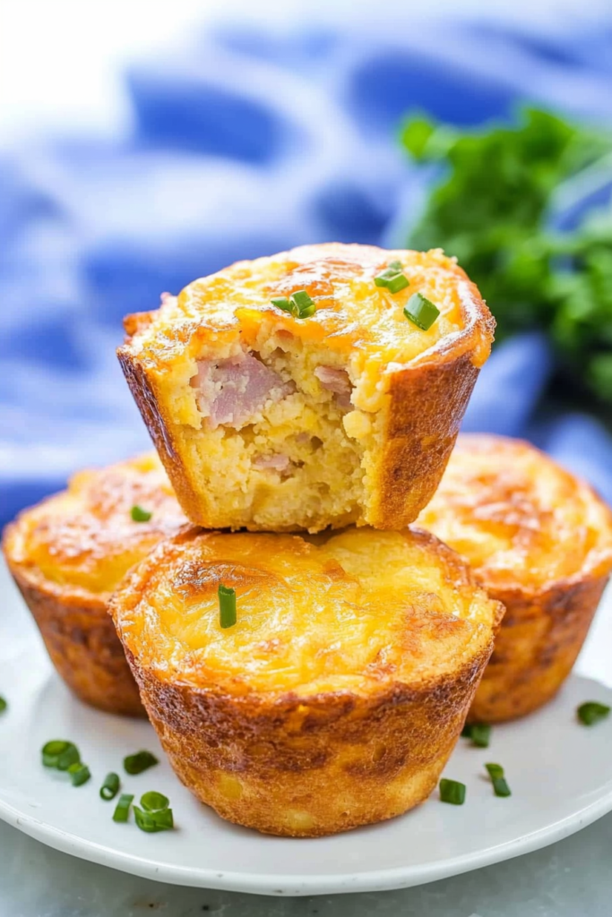 Bite taken from a warm egg muffin showing a tender interior with diced ham pieces