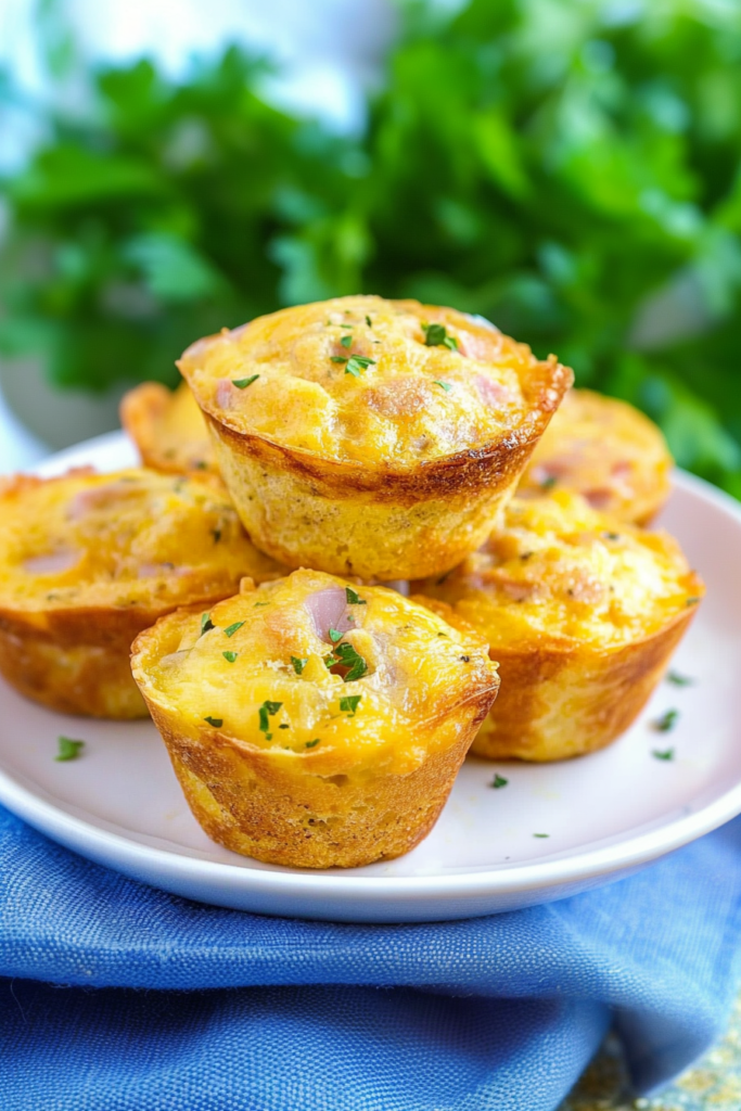 Golden baked egg muffins topped with melted cheese and sprinkled with chopped green onions
