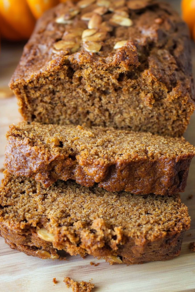 Moist spiced loaf bread topped with nuts and sliced on a wooden board.