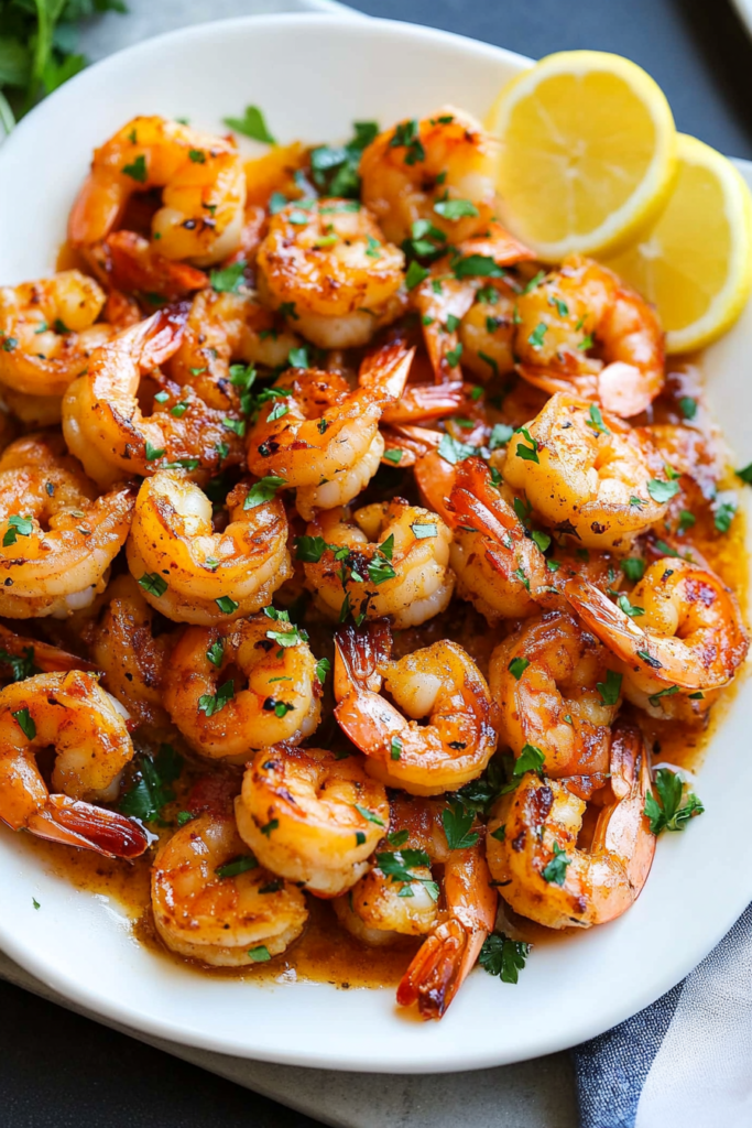 Seasoned shrimp with caramelized edges, garnished with fresh herbs and lemon.