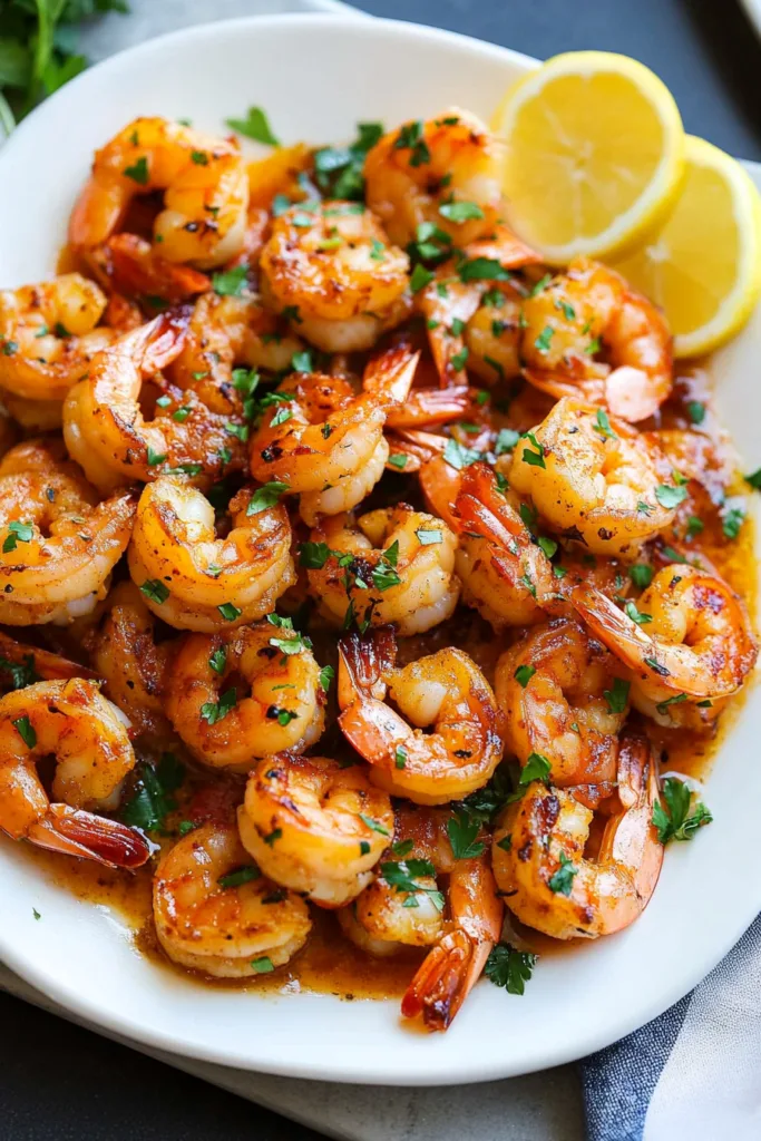 Seasoned shrimp with caramelized edges, garnished with fresh herbs and lemon.