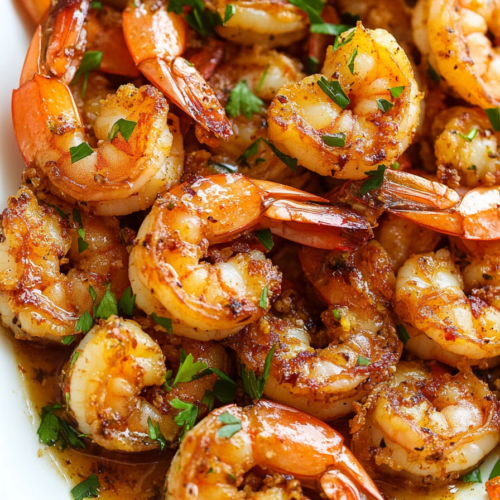 Golden shrimp arranged neatly, citrus wedge adding brightness to the dish.