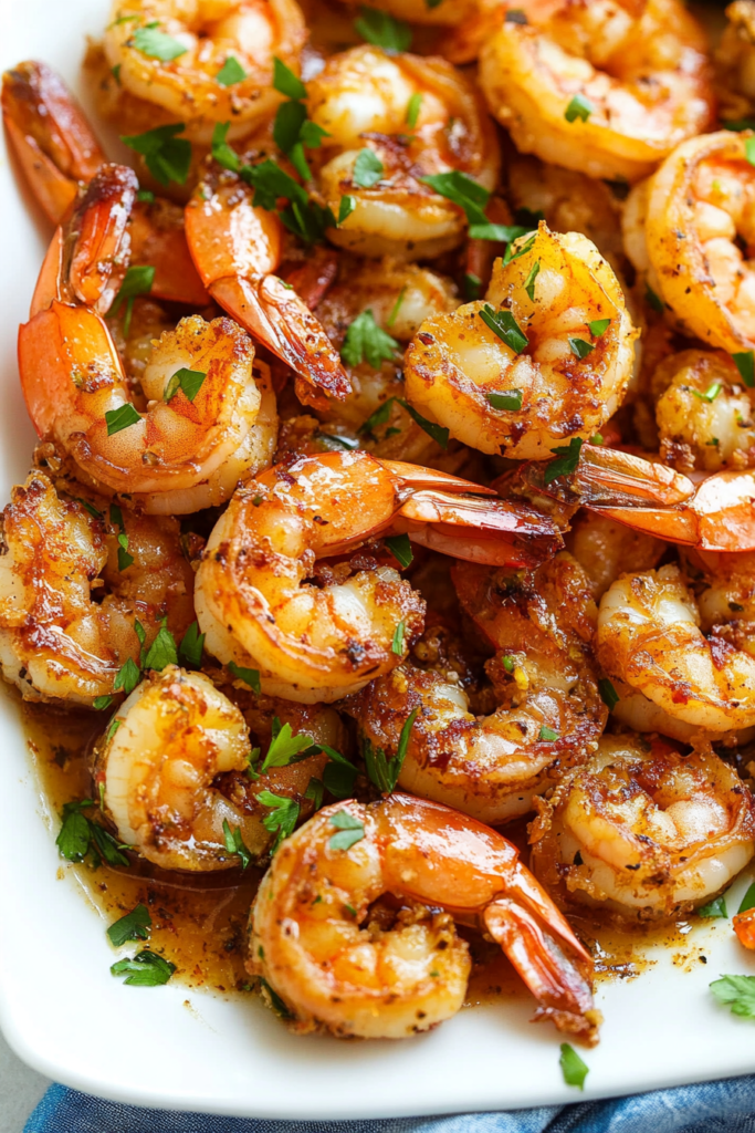 Golden shrimp arranged neatly, citrus wedge adding brightness to the dish.