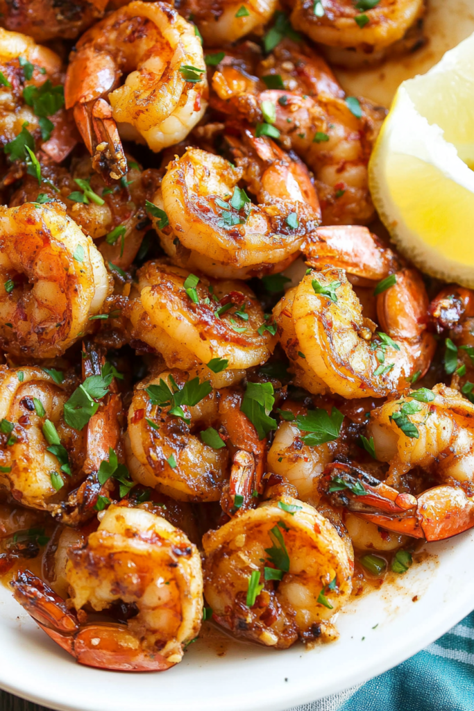 Juicy shrimp with a glossy finish, plated alongside a fresh garnish.