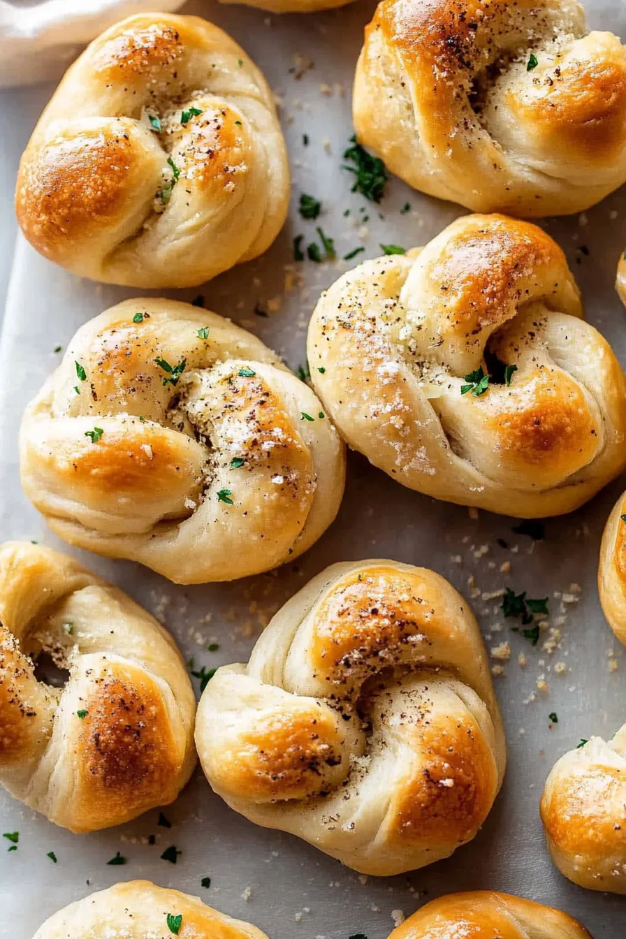 Golden-brown garlic knots sprinkled with Parmesan and herbs, served fresh from the oven.