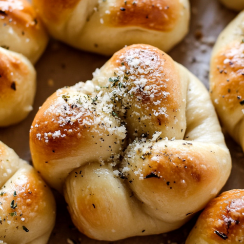 Close-up of fluffy bread knots brushed with garlic butter and topped with cheese.