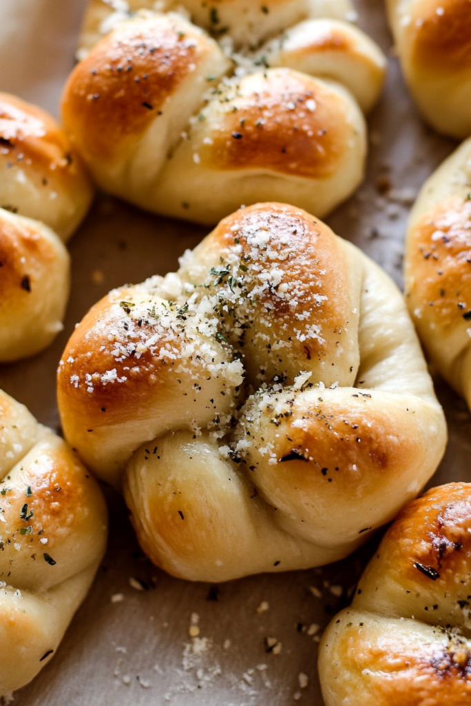 Close-up of fluffy bread knots brushed with garlic butter and topped with cheese.