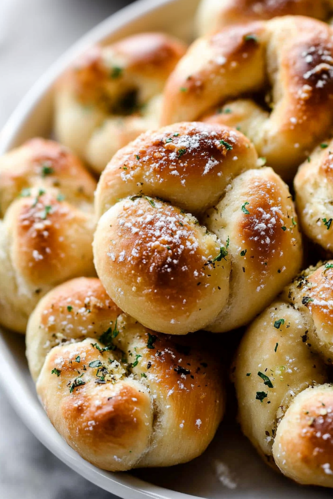 Final presentation of soft, buttery bread knots with a fragrant garlic and herb topping.