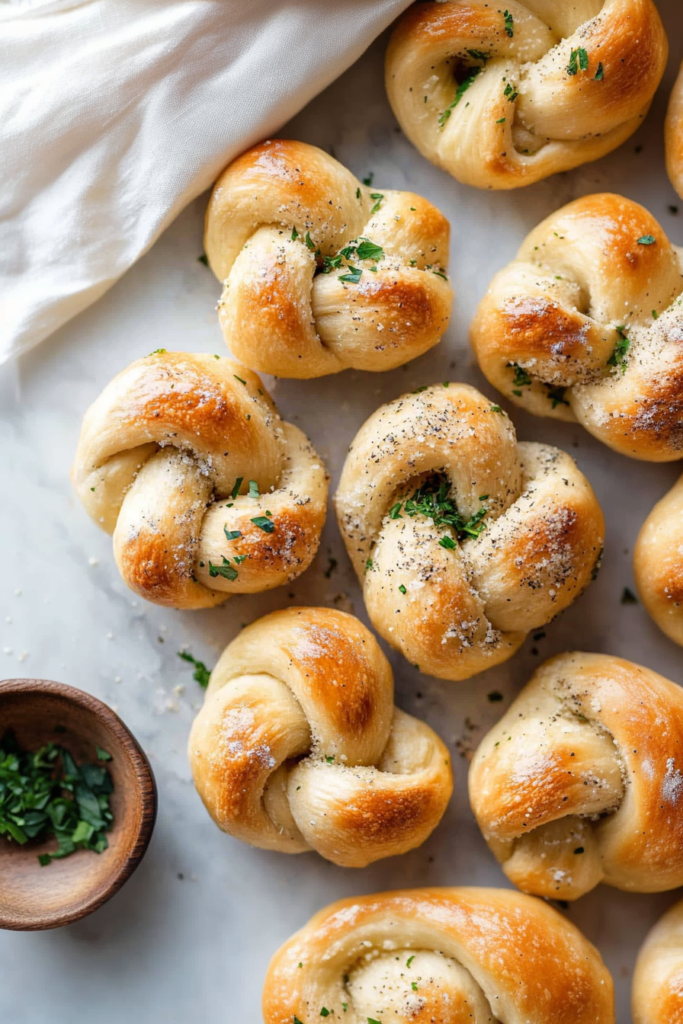 Freshly baked knots showcasing their golden crust, melted Parmesan, and flecks of parsley.