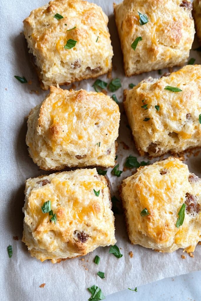 Freshly baked breakfast biscuits garnished with herbs, served warm on a plate