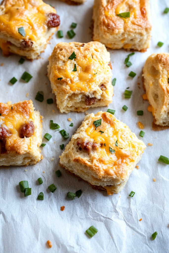 Warm homemade biscuits split open to reveal cheesy layers and hearty filling
