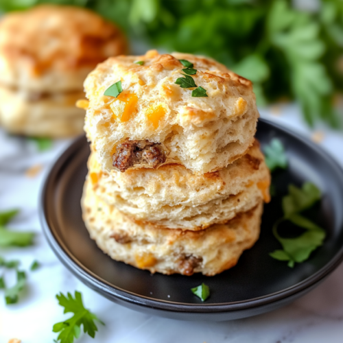 Golden, flaky biscuits stacked on a plate with melted cheese and bits of sausage inside