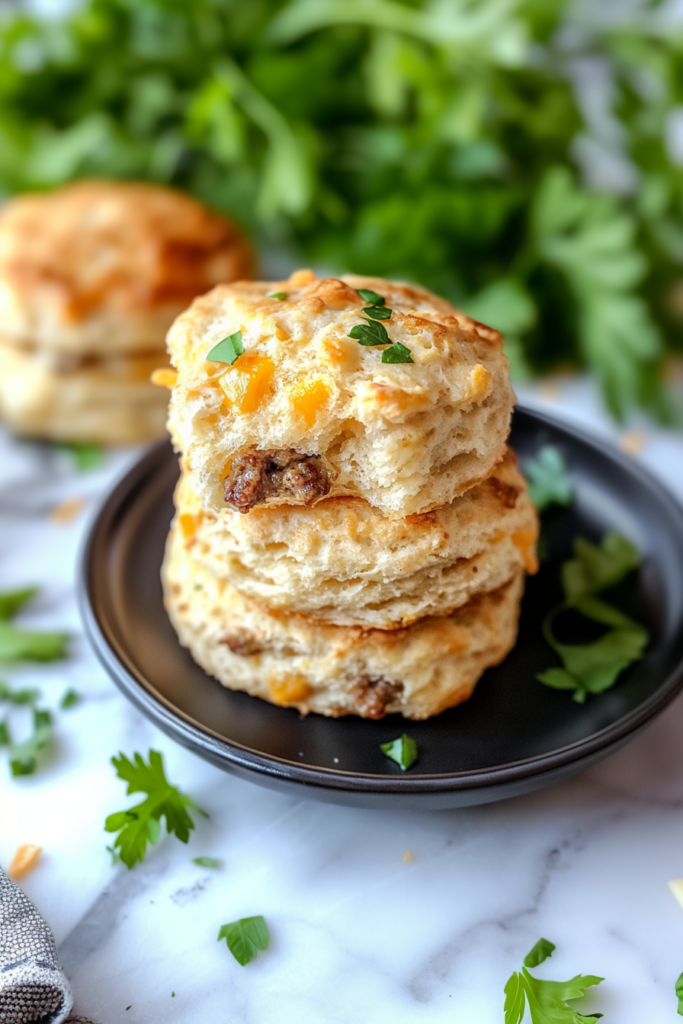 Golden, flaky biscuits stacked on a plate with melted cheese and bits of sausage inside