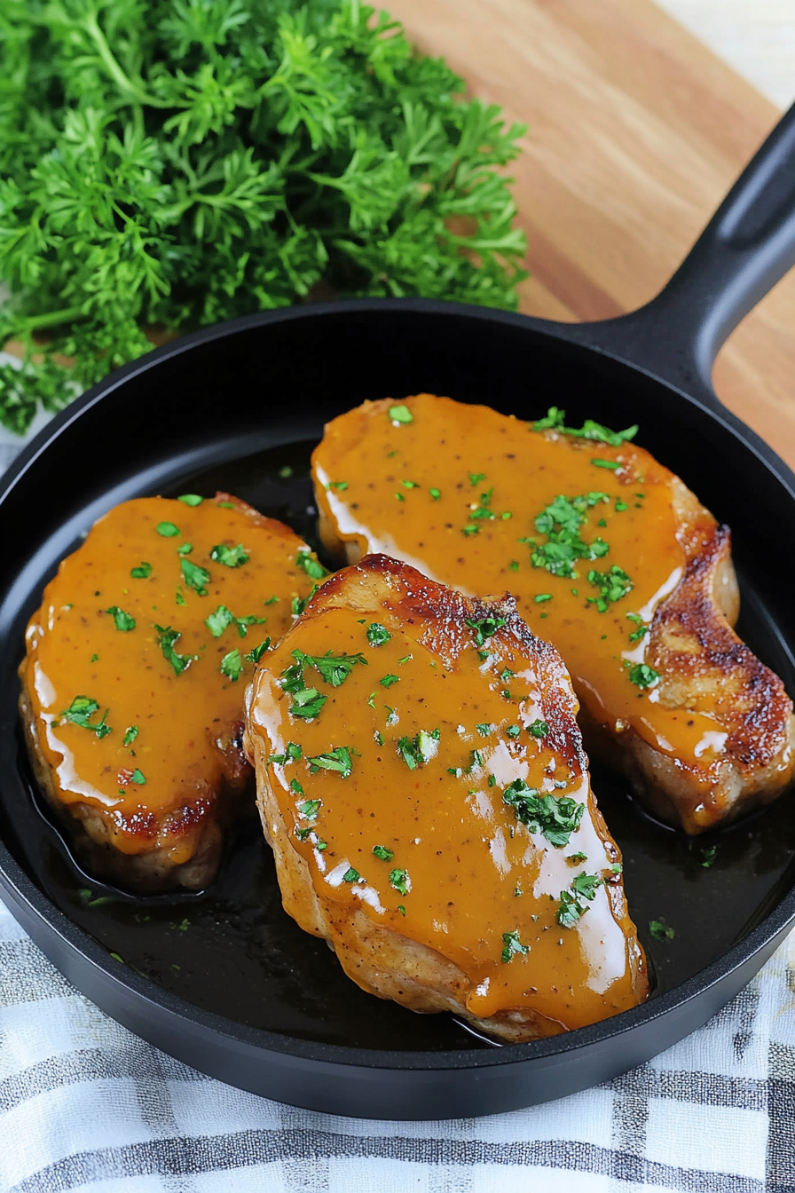 Pan-seared pork chops coated in a rich golden mustard sauce.