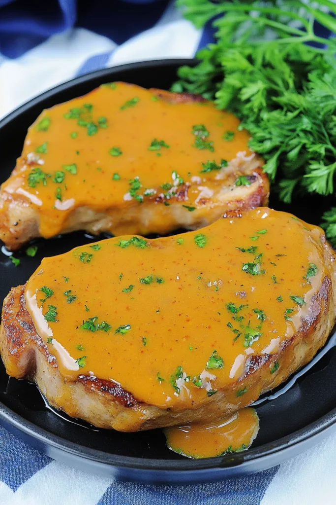 Caramelized pork chops covered in a smooth mustard sauce with chopped herbs.