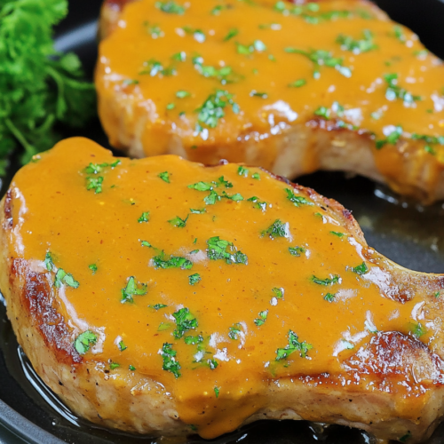 Honey Mustard Glazed Pork Chops served on a dark plate with parsley garnish.