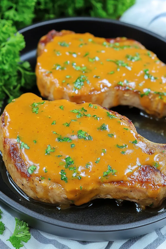Honey Mustard Glazed Pork Chops served on a dark plate with parsley garnish.