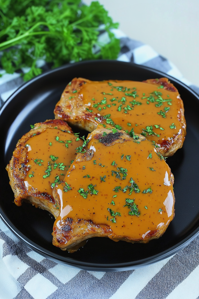 Juicy pork chops topped with a glossy honey mustard glaze and fresh herbs.
