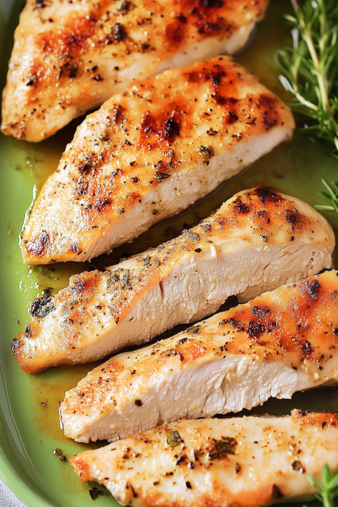 Perfectly cooked chicken breast with light char and flavorful seasoning