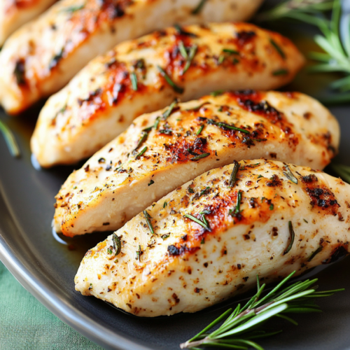 Tender roasted chicken breast with crispy edges and fresh rosemary garnish