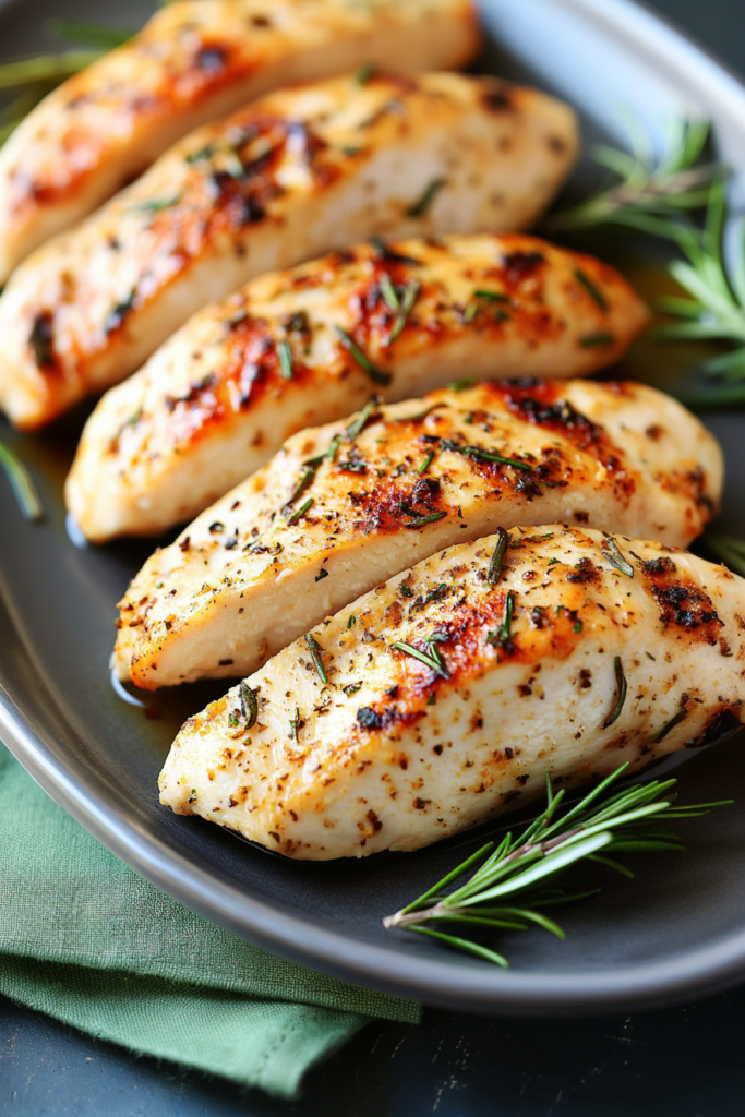 Tender roasted chicken breast with crispy edges and fresh rosemary garnish
