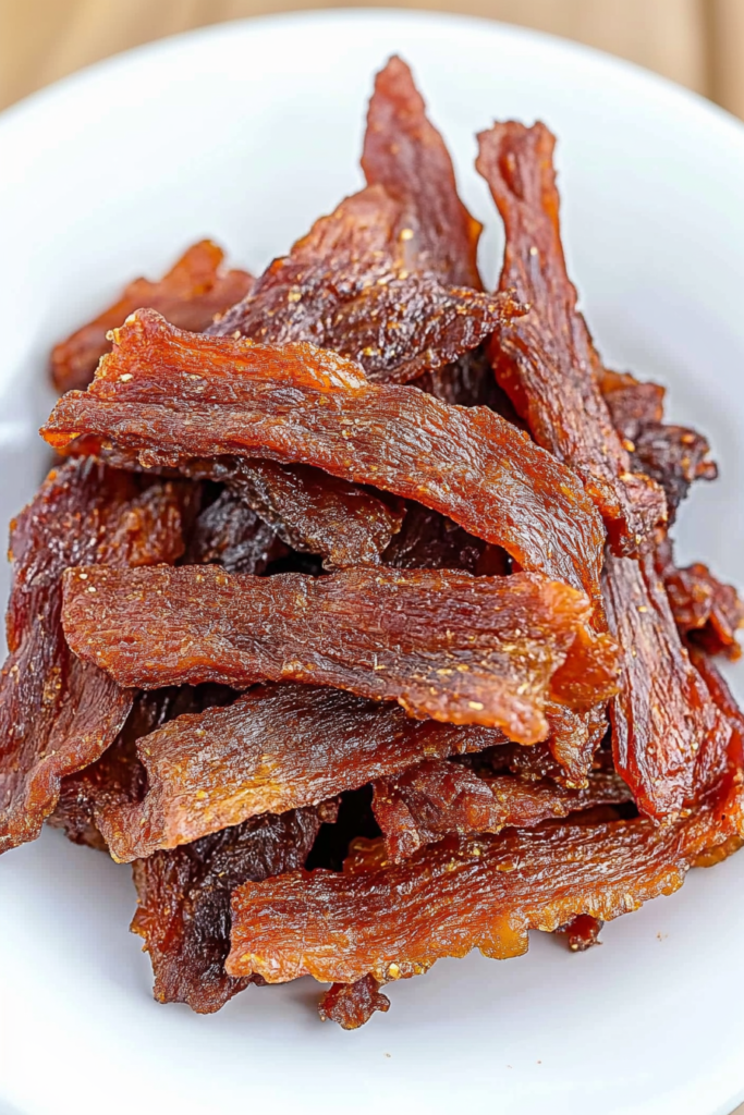 Close-up of seasoned chicken jerky with glossy finish, styled simply on a white plate.