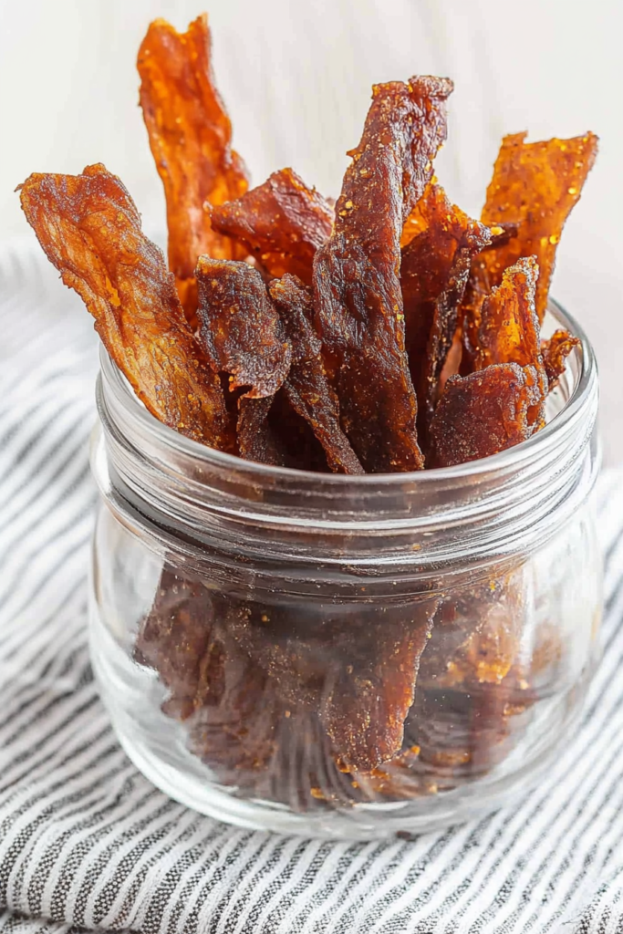 Cooked chicken jerky presented in a rustic style, emphasizing its savory, high-protein appeal.