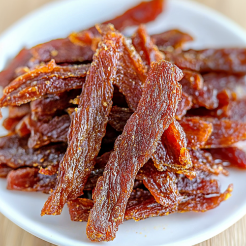 Plate of reddish-brown strips of dried chicken, arranged neatly to highlight their chewy texture.