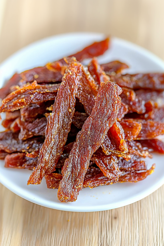Plate of reddish-brown strips of dried chicken, arranged neatly to highlight their chewy texture.