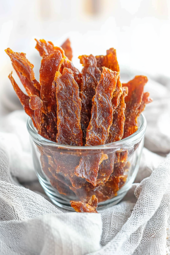 Final dish of homemade jerky showing fibrous detail and rich color from marinade.