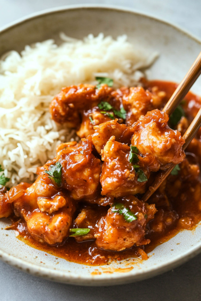 Chicken Manchurian recipe plated with rice, showing thick, flavorful sauce and herb garnish.