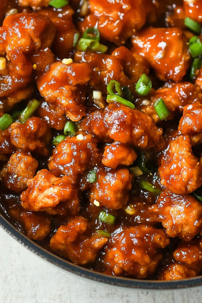 Final dish of tender chicken in a thick, savory glaze, styled with fresh herbs for color.
