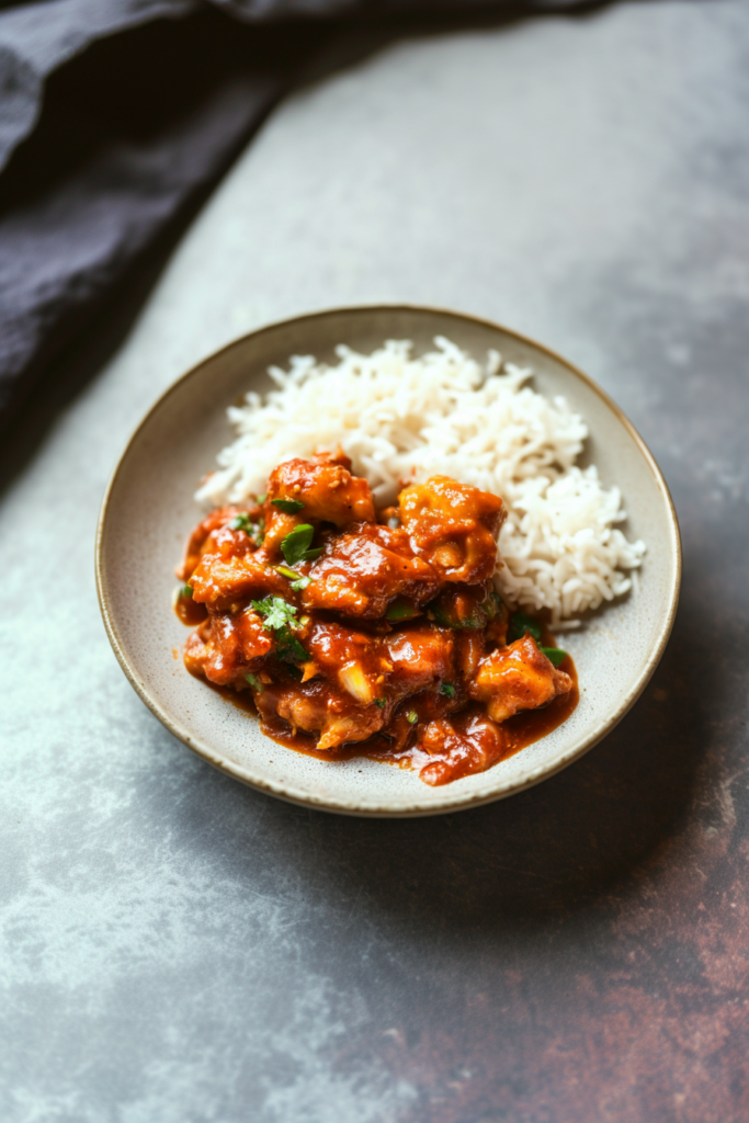 Plate of white rice served with saucy chicken coated in a glossy red glaze, garnished with fresh herbs.