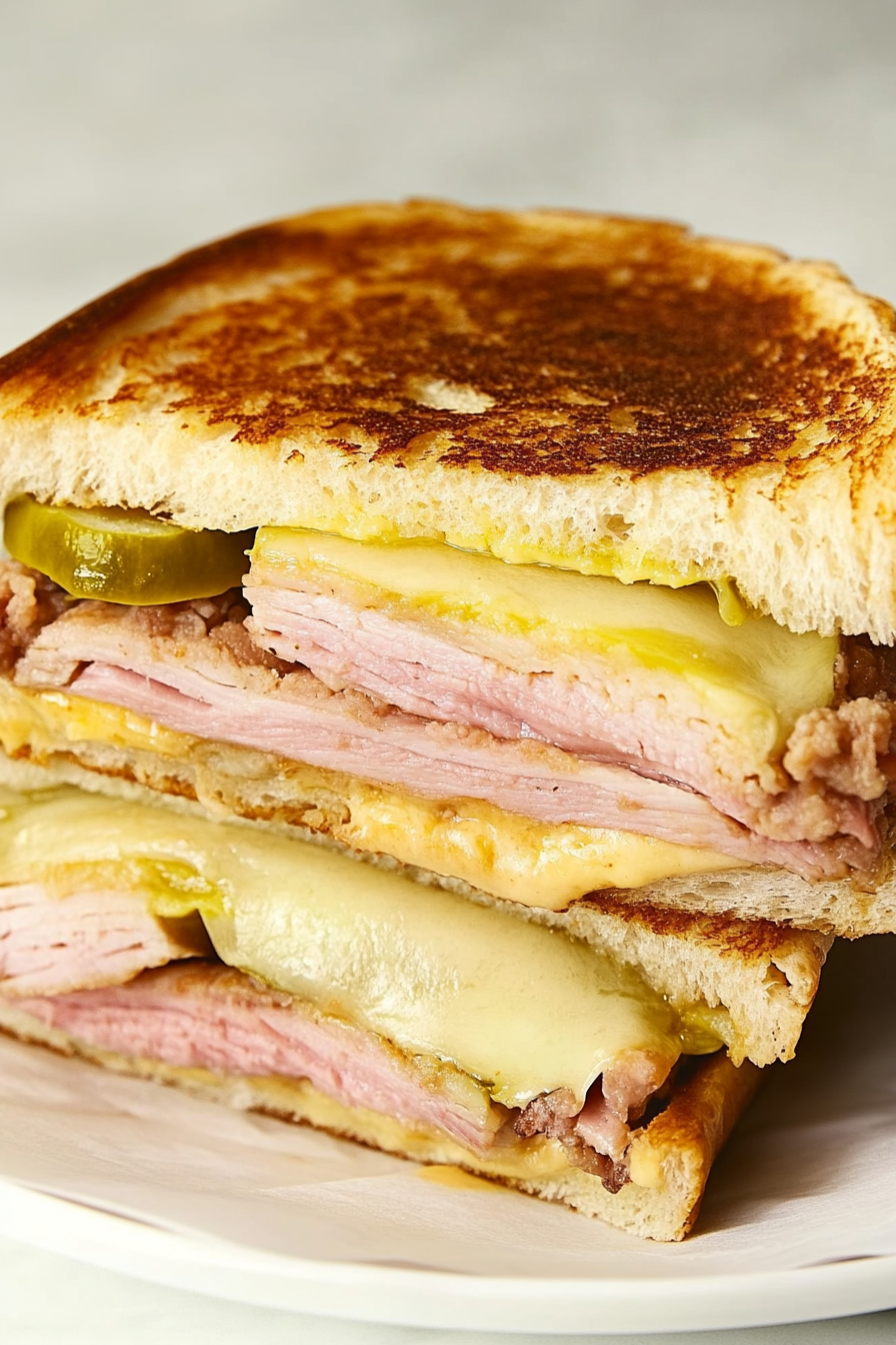 Freshly pressed sandwich cut in half showing layers of ham, pork, cheese, and pickles on toasted bread.