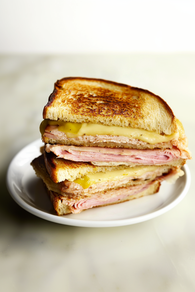 Final plated sandwich with melted cheese and savory pork and ham between perfectly toasted bread.