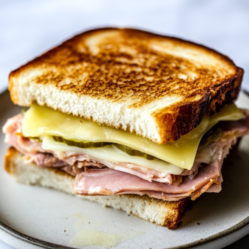 Crispy grilled sandwich stacked with tender pork, ham slices, melted cheese, and tangy pickles.