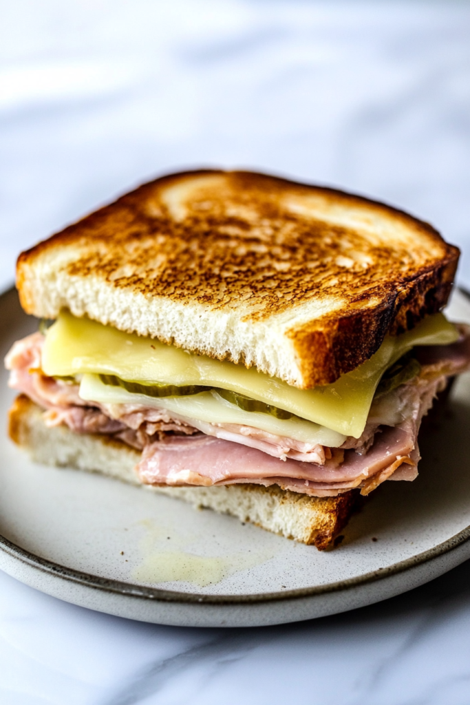 Crispy grilled sandwich stacked with tender pork, ham slices, melted cheese, and tangy pickles.
