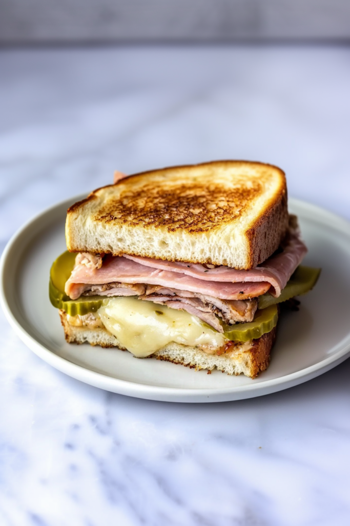 Toasted Cuban sandwich with ham, roasted pork, melted cheese, and pickles layered inside crispy bread.