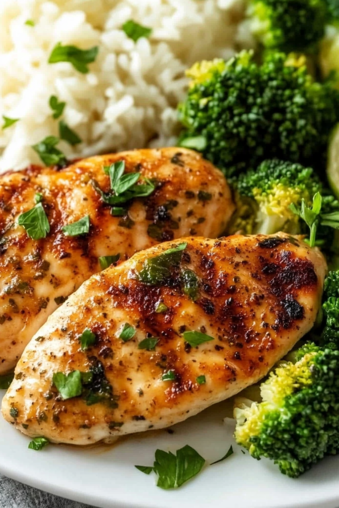 Close-up of juicy baked chicken breast garnished with herbs, paired with rice and fresh green broccoli.